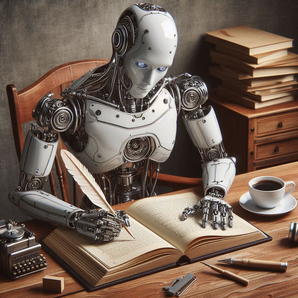 robot humanoide escribiendo un libro